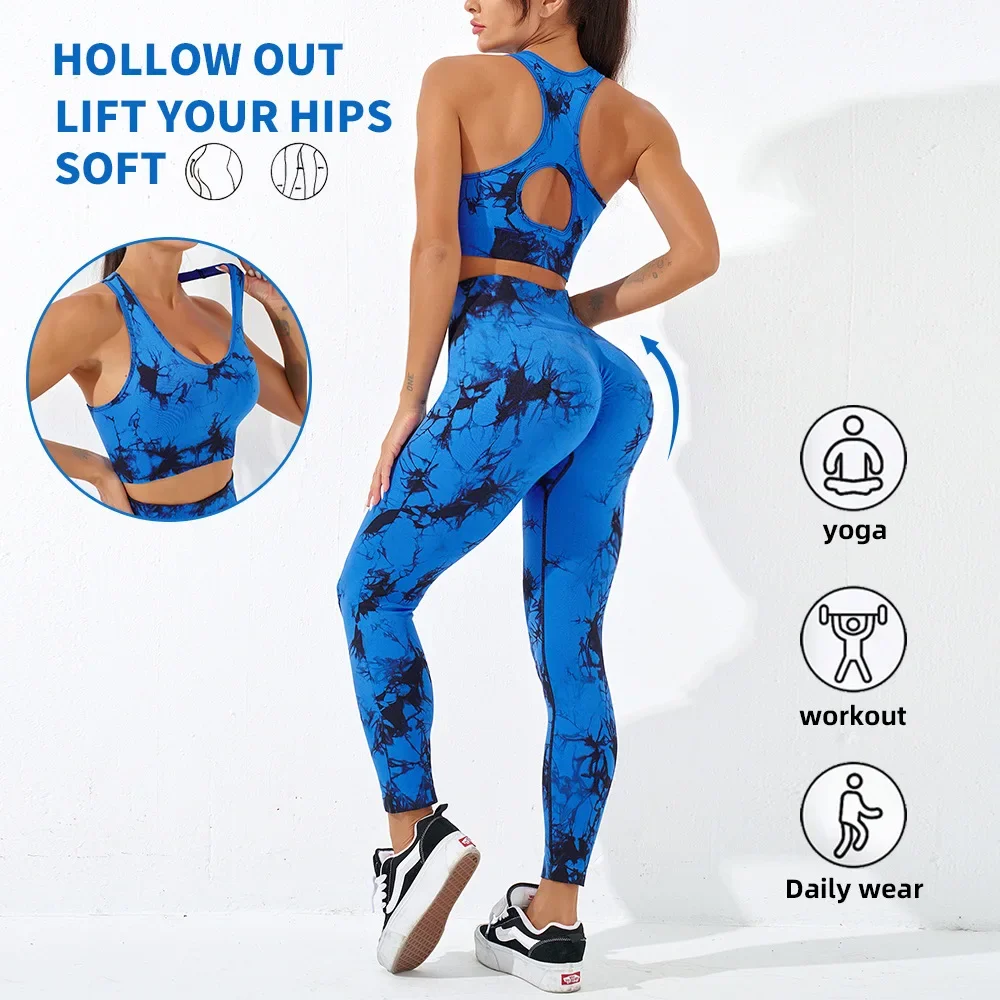 High Waist Seamless Sports Gym Yoga Bra Pants Leggings Set Tie Dye Yoga Suit Exercise Running Fitness Women Workout Tights Set