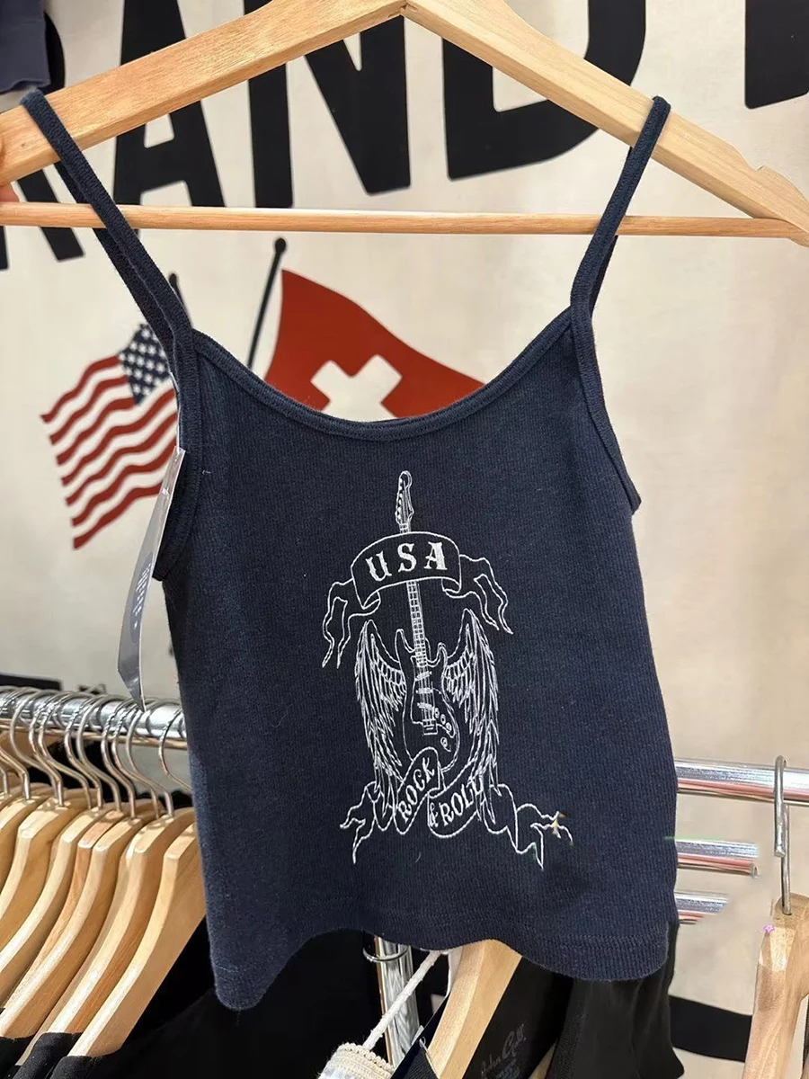 Guitar American Vintage Crop Top Summer Strapless Sleeveless Navy Slim Tank Top 2023 Streetwear Fashion Style Y2k Woman Vest