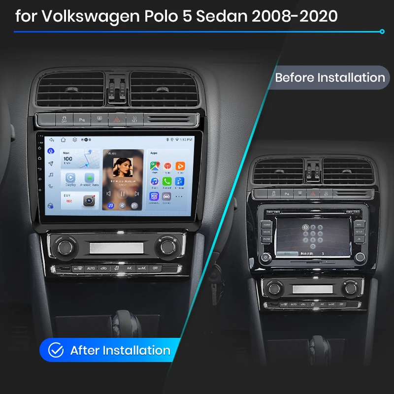 Radio para Auto Junsun para VW POLO 5 Sedán 2008-2020, CarPlay, Android Auto, FM, RDS, DSP, BT, GPS, Navegador, SWC, Pantalla Táctil HD IPS, Reproductor Multimedia Plug & Play, Llamadas Manos Libres, Unidad Principal con Estilo Original 2