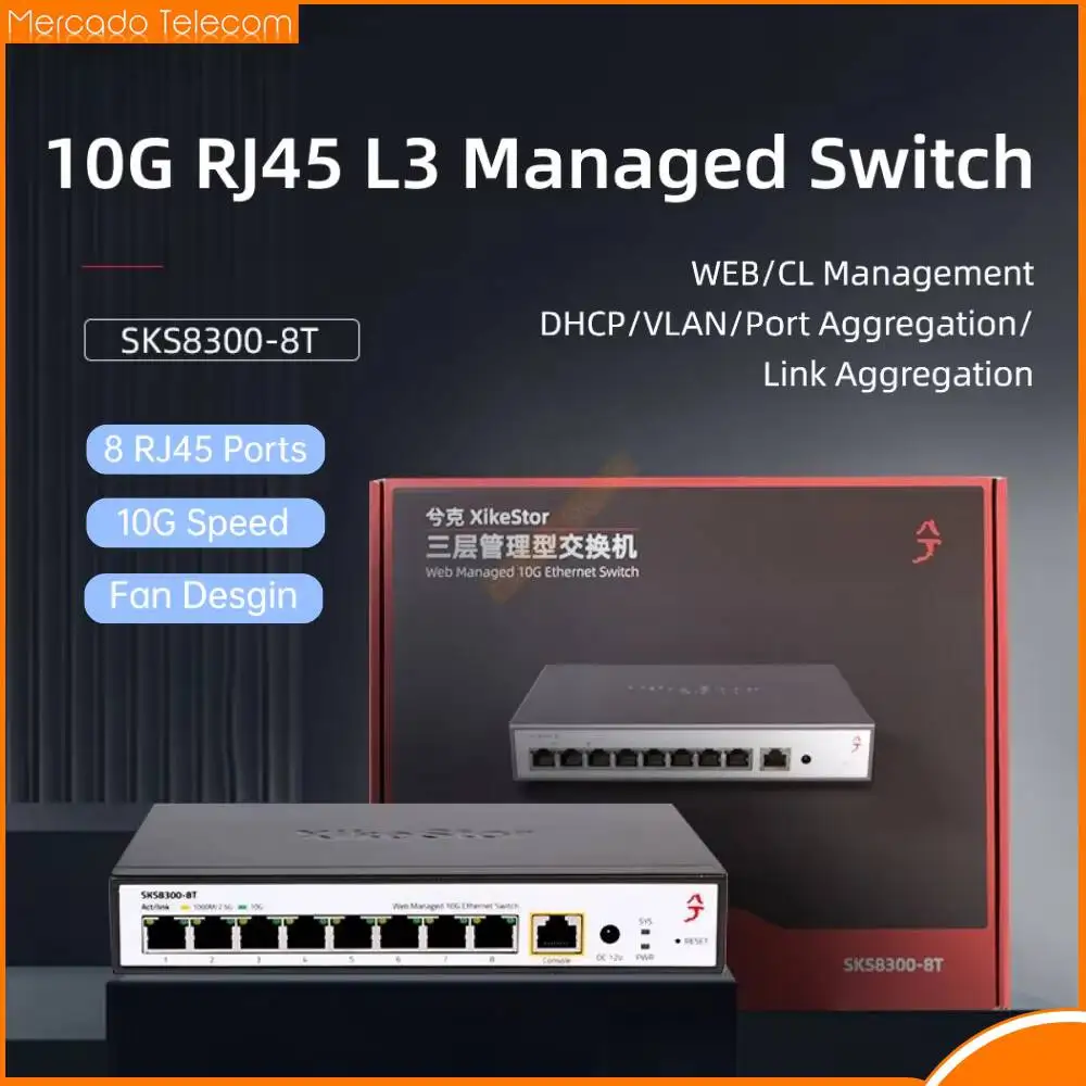 XikeStor 8 Ports 10G RJ45 L3 Managed Switch with Fan Heat Dissipation Support Support 1G/2.5G/10G DHCP/VLAN/Port Aggregation