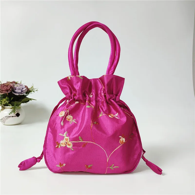 Embroidered Handbag Women Bucket Bag Phone Bag Female Retro Flower Coin Purse Handle Shopping Bag Ethnic Style Drawstring Bag