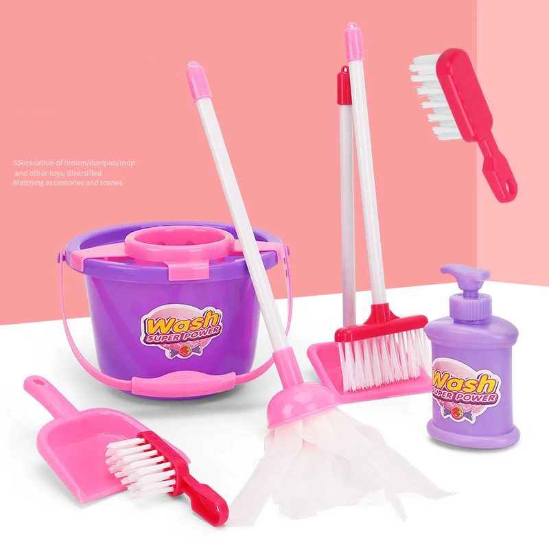 Children Play House Simulation Mop Broom Dustpan Mini Set Cartoon Fun Interactive Hygiene Cleaning Tool Toys For Birthday Gifts