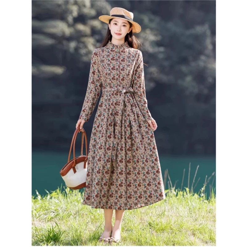 

Spring New Style Retro Floral Midi Dress Women's Pure Cotton Gathered Waist Slimming Gored Skirt Long Sleeve Button Front A-L...