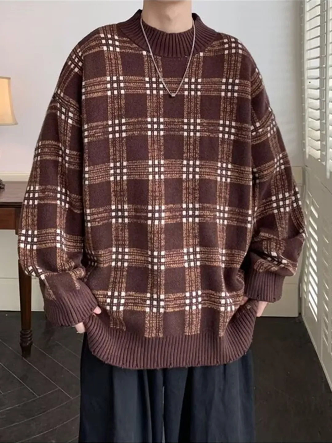 

Retro Striped Knitwear Men's Loose round Ne Sweater with kets Autumn New Sle Korean Version Lazy Sle Outerwear