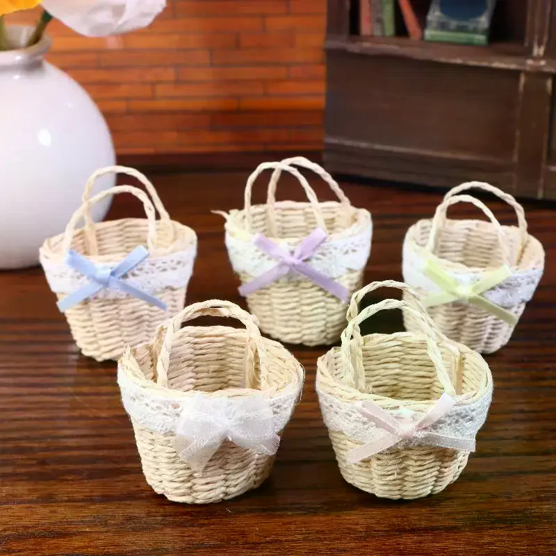 Dollhouse Kitchen Accessories Dolls House Decoration Toy Pretend Play Toys 1/12 Dollhouse Cute Mini Rattan Hand Basket Model