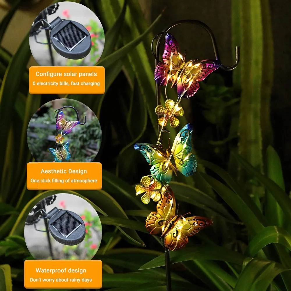 

Solar Powered LED Ground-Inserted Lawn Lighting Waterproof IP44 Courtyard Wrought Iron Butterfly Shepherd Hooks Decorative Light