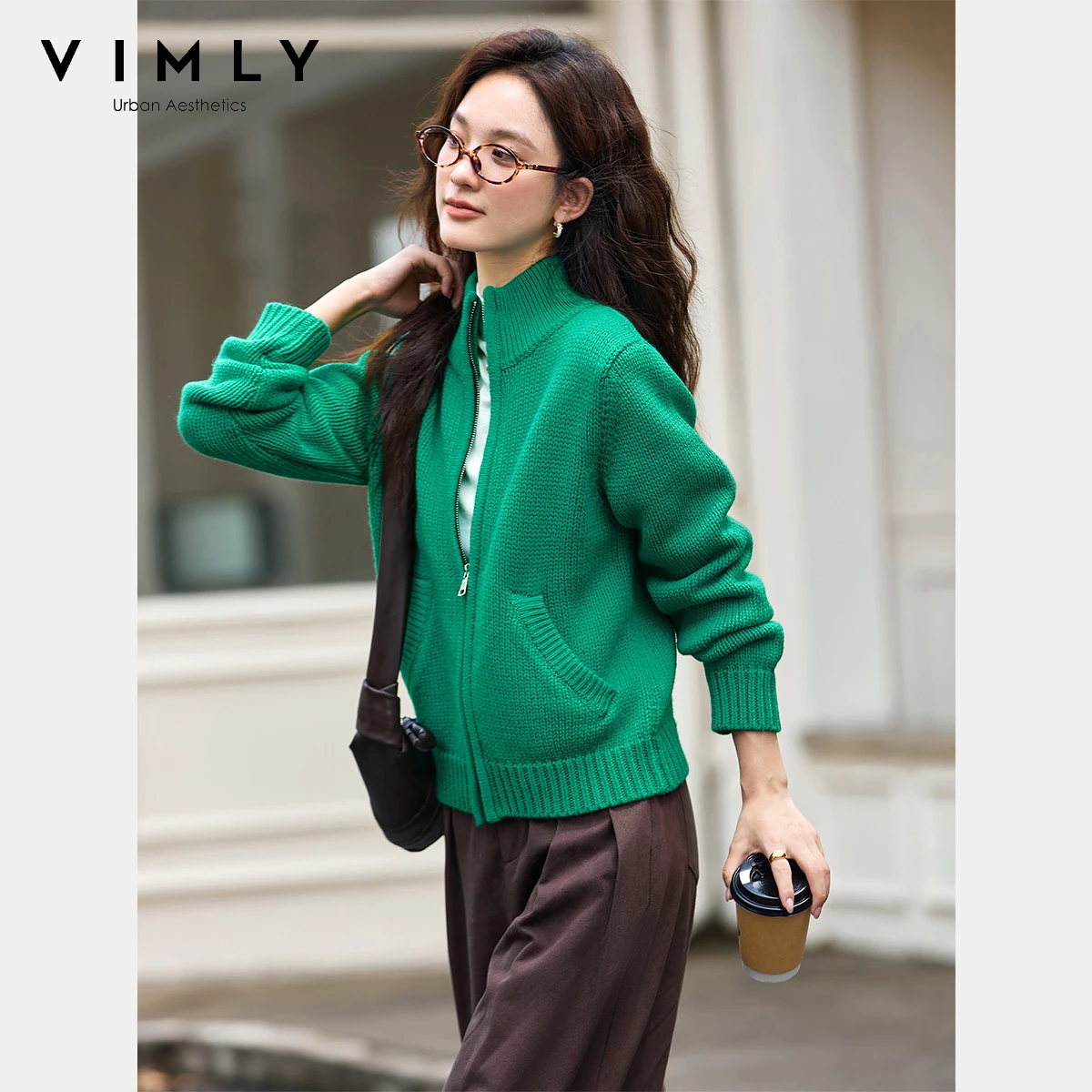 Vimly cardigan de malha feminino outono 2025 casual zip up gola alta manga longa jumpers elegante bolso solto senhora suéteres 75185