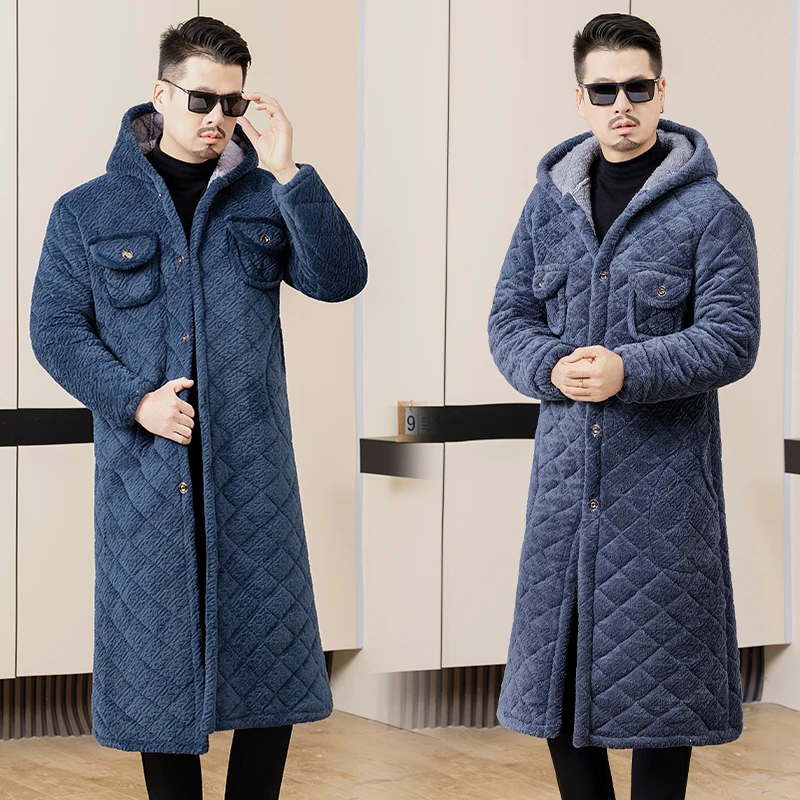 سترة قطنية رجالية للمنزل، معطف عمل مبطن بالفرو، طويل بغطاء للرأس، أنيق وعصري بأسلوب المدينة، مناسب للأعمال والملابس غير الرسمية #3