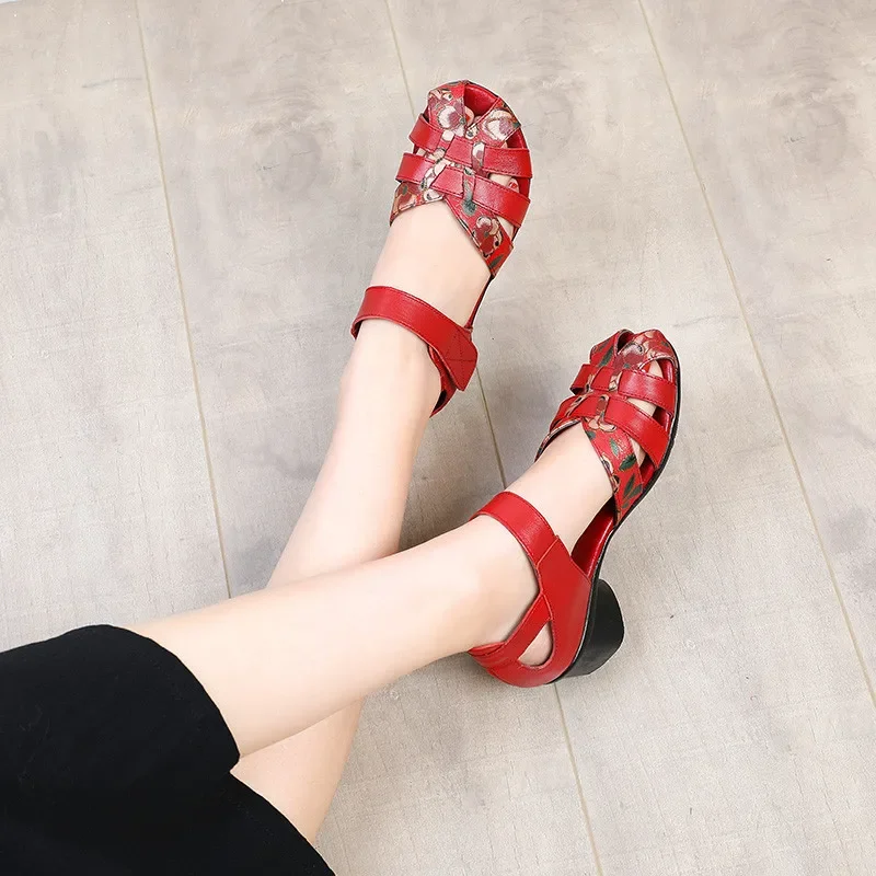 BEYARNE Genuine Leather Sandals Women Chunky Heel Sandals Soft Flowers Woven Fish Mouth Summer Shoes Casual Mother Sandals