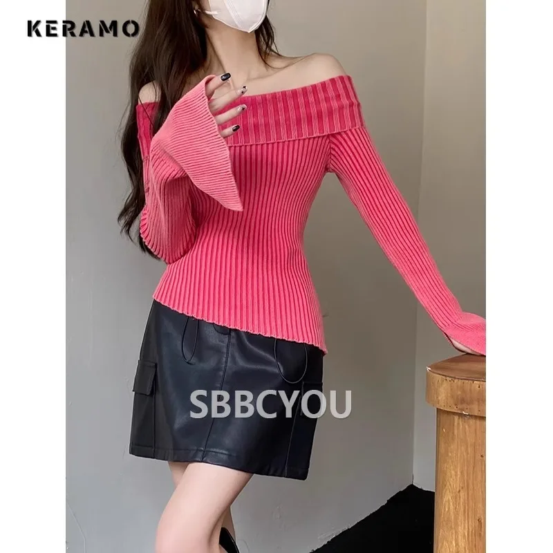 2023 Winter Hotsweet Casual Off Shoulder Knitting Long Sleeve Pullovers Women Striped Sheath Ladies Sexy Knitwear Sweater