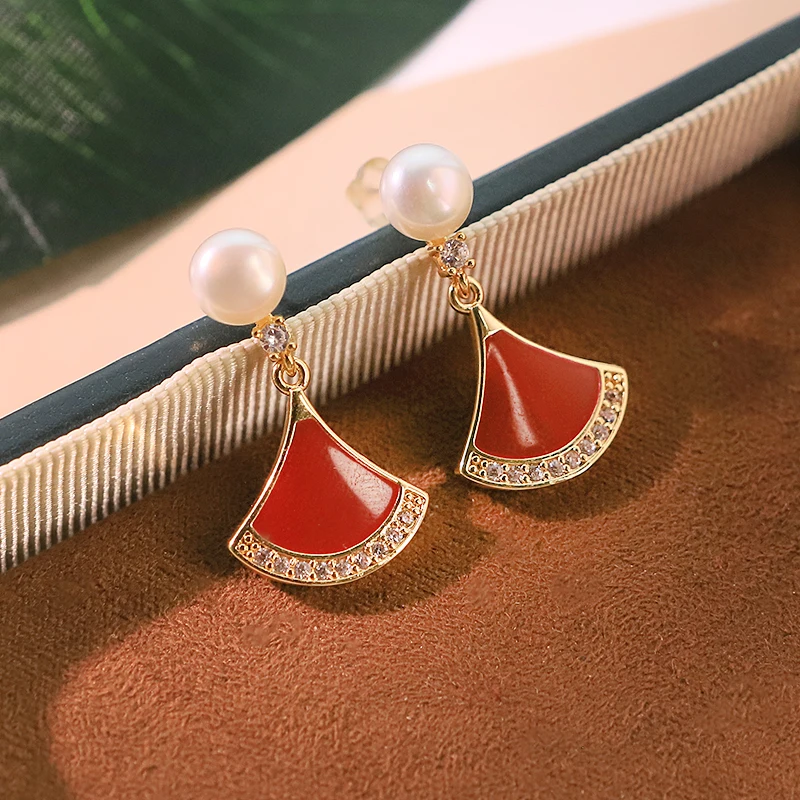 GLSEEVO Natural Freshwater Pearl Skirt Dangle Earrings for Women Daily Wear Party Dating Red Fan-shaped Earrings Dainty Jewelry
