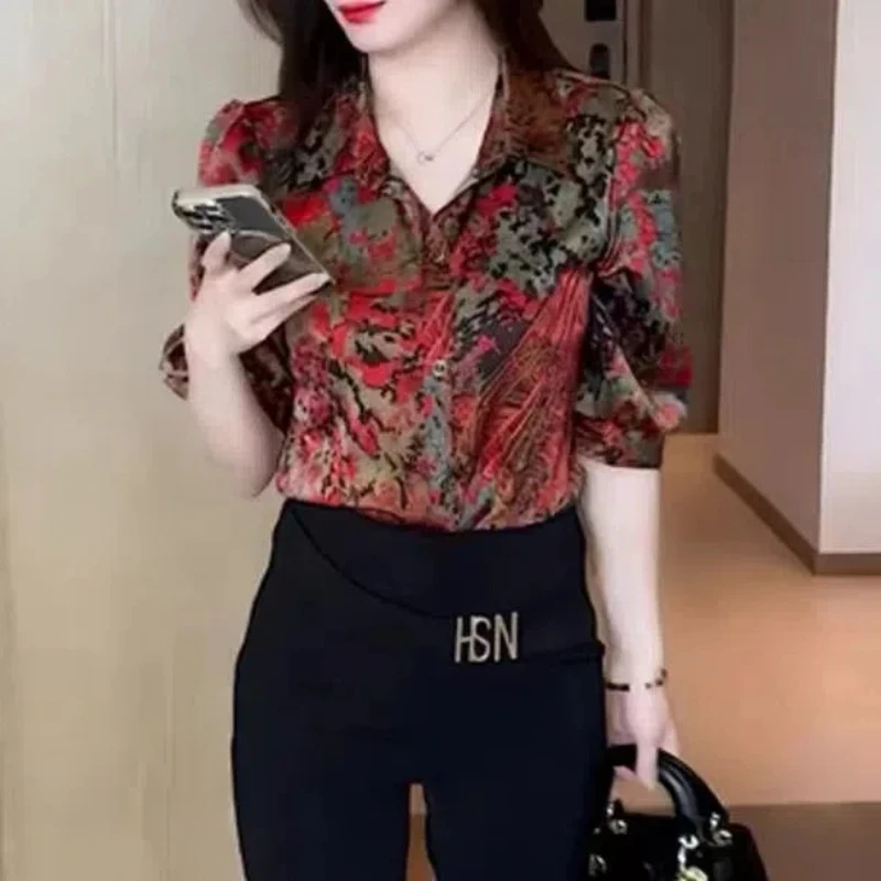 Summer Turn-down Collar Chiffon Short Sleeve Button Cardigan Printing Plant&Flowers Women\'s Clothing Casual Shirt Fashion Tops