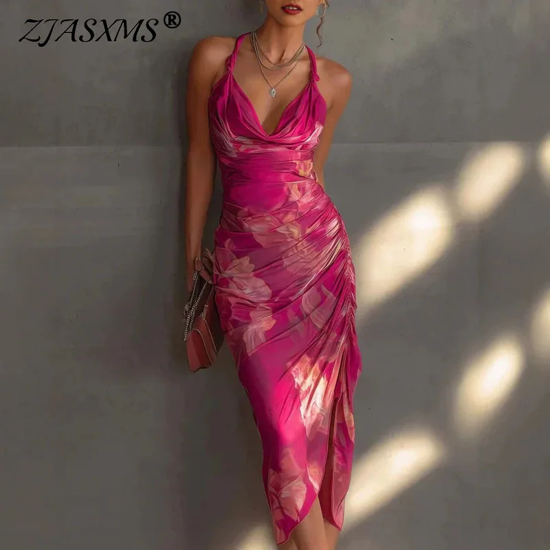 Sexy Neckholder-Kleid mit Schnürung am Rücken, Figurbetontes Kleid für Damen, Frühling Blumendruck Plissiertes Partykleid, Sommer Ärmelloses Schlitz-Boho-Kleid