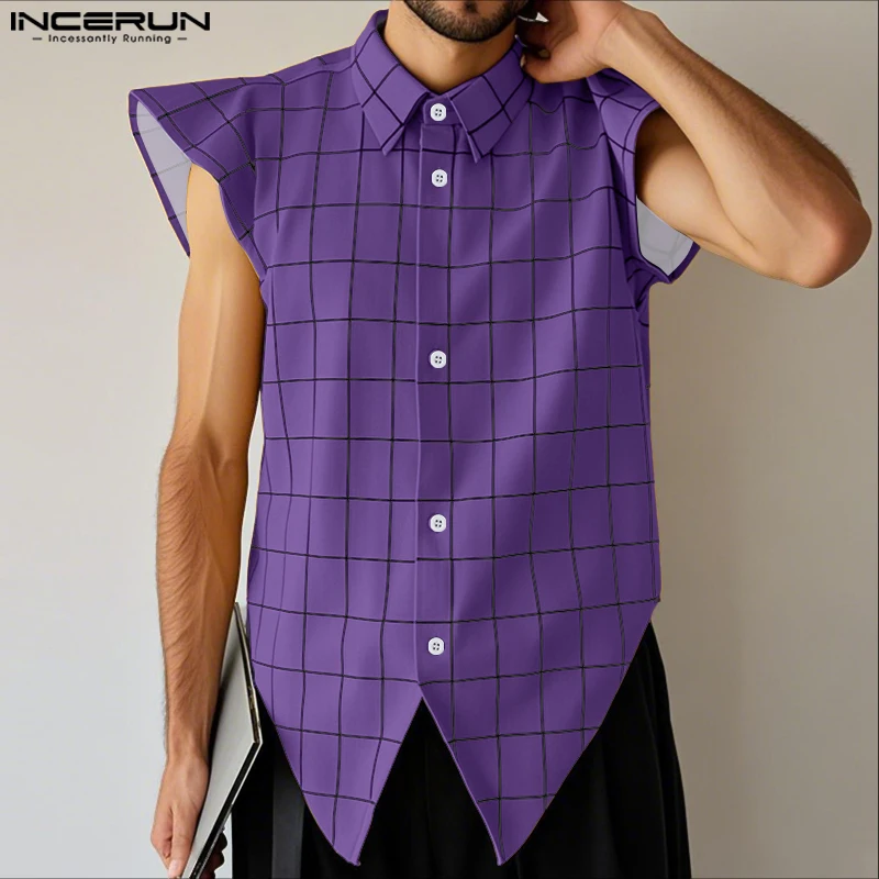 

INCERUN Мужская клетчатая рубашка без рукавов с лацканами, свободная повседневная мужская одежда, летняя уличная одежда на пуговицах, 2025 г., модные мужские рубашки, топы S-5XL