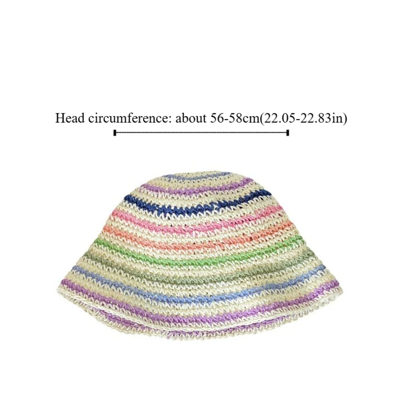 Topi Jerami Pantai Musim Panas Korea Topi Matahari Pelangi Buatan Tangan Wanita Topi Ember Bergaris Bertepi Lebar Anak Perempuan