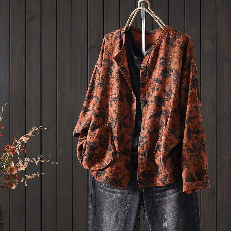 

Women Long Sleeve Casual Coats New Arrival 2025 Autumn Vintage Style O-neck Floral Print Loose Female Basics Jackets T730