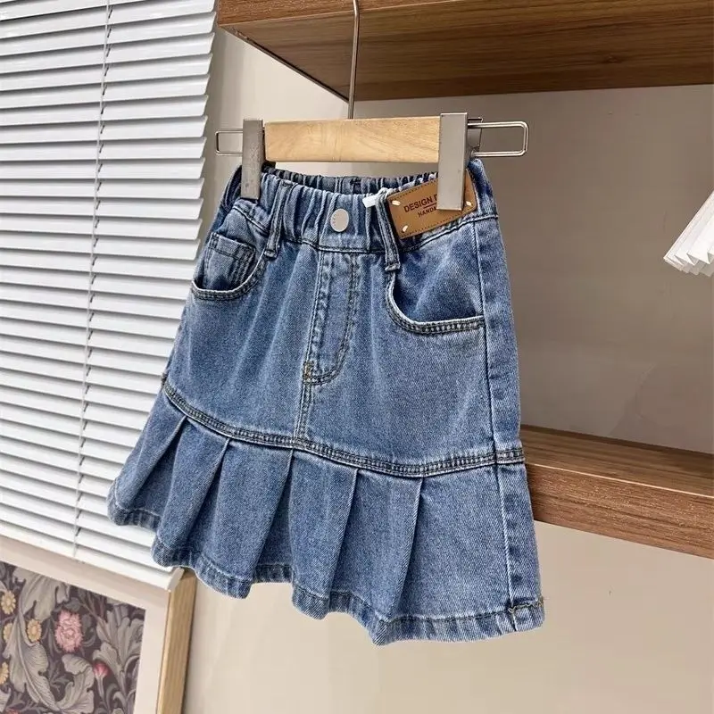 Children\'s Denim Skirt Spring/Summer Teenage Girls College Style High Waist Washed Cowboy Pleated Skirt Half skirt