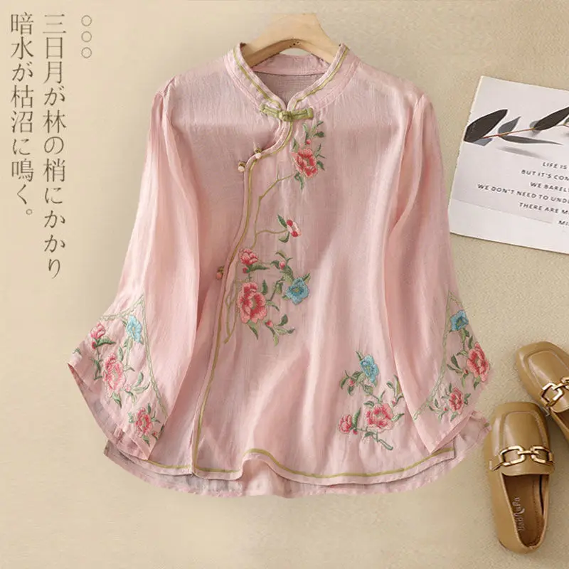

National Style Top Pure Cotton Linen Embroidered Shirt Women Ethnic Style Summer Chinese Style Oblique Placket Buttoned Shirt