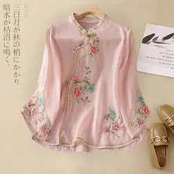 National Style Top Pure Cotton Linen Embroidered Shirt Women Ethnic Style Summer Chinese Style Oblique Placket Buttoned Shirt
