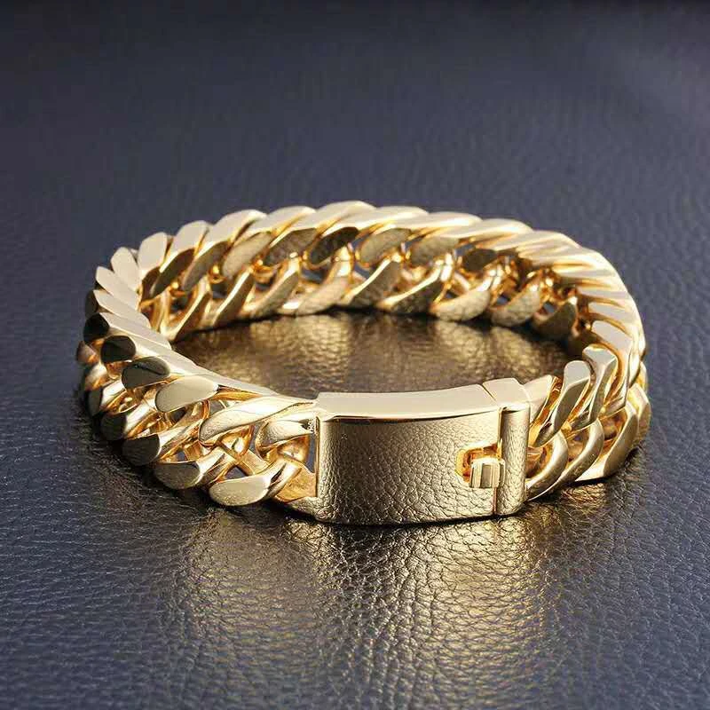 New Fashion 10mm Gold Cuban Chain Men's Bracelet Men's Hip Hop Metal Electroplated Double Button Bracelet Men's Jewelry Gift