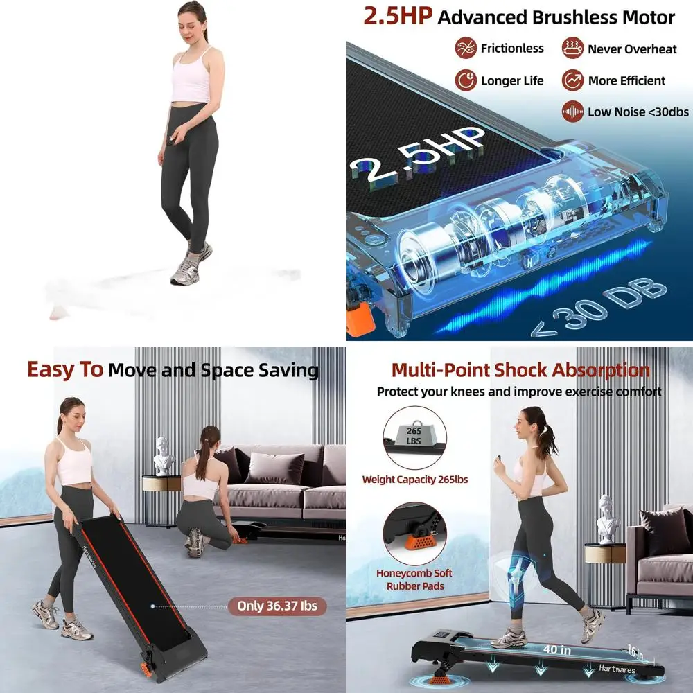 

Компактная беговая дорожка для установки под столом с 4-уровневым изменением угла наклона, мощностью 2.5 л.с., грузоподъемностью 265 фунтов, управлением через приложение и пультом ДУ