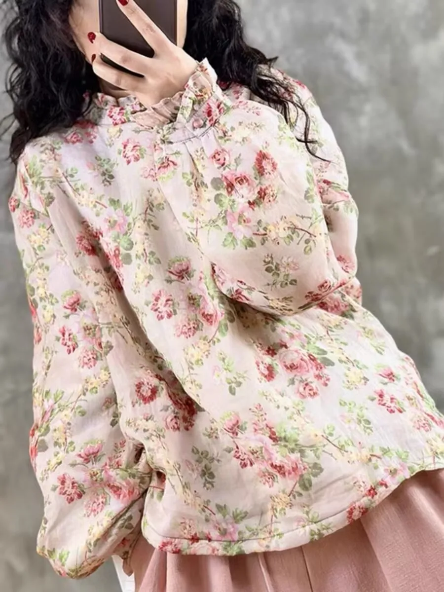 

Thiened Floral Print Cotton Jaet Women's Winter New Sle Overcoat Warm Fluffy Collar Slimming Design Long Lantern Sve