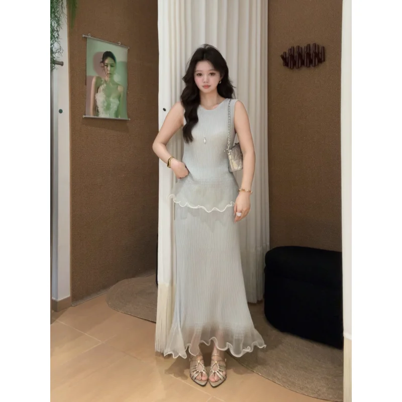 

Parkyeon2026 Summer Elegant Spliced Mesh Vest Sleeveless Women's Fashion Half Skirt Casual Style Quick Dry Medium Thickness