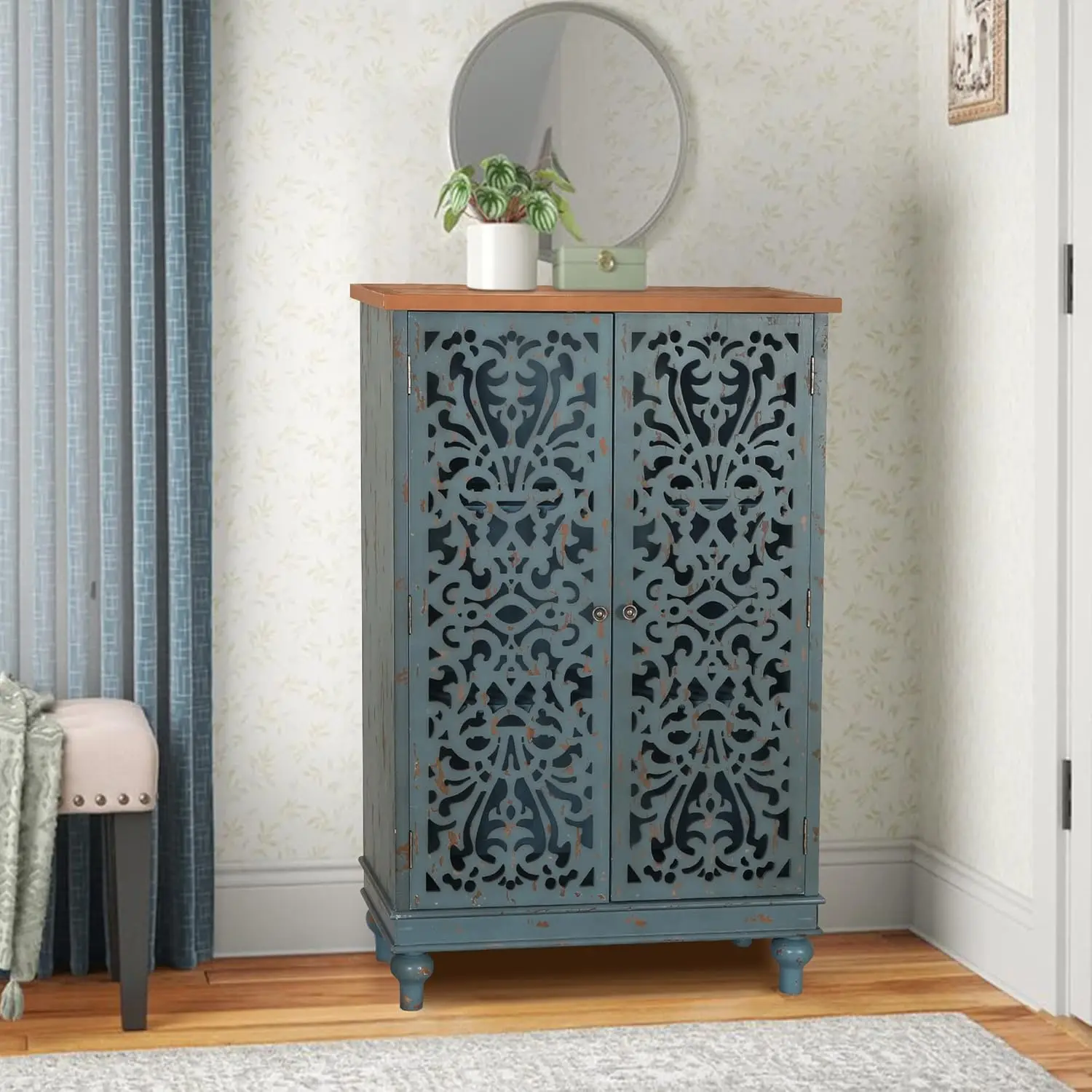 PHI VILLA Tall Accent Cabinet with Doors - Credenza for Living Room Farmhouse Storage Cabinet with Hollow Carved Door, 2 Door