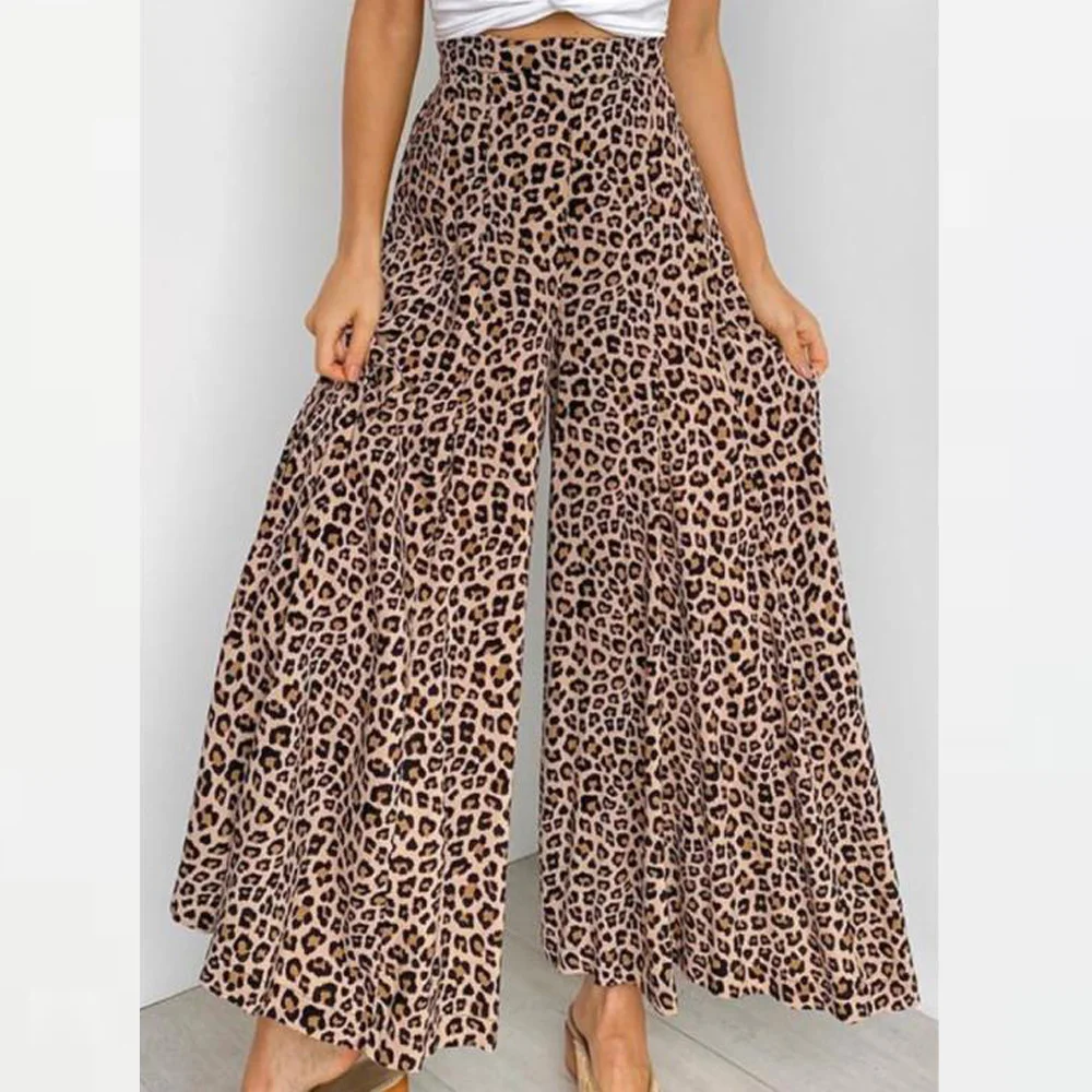 Summer Wide Leg Pants Women Bohemian Leopard Printed Dress Pants Casual Elastic Waist Long Flare Pantalon Loose Palazzo Culottes