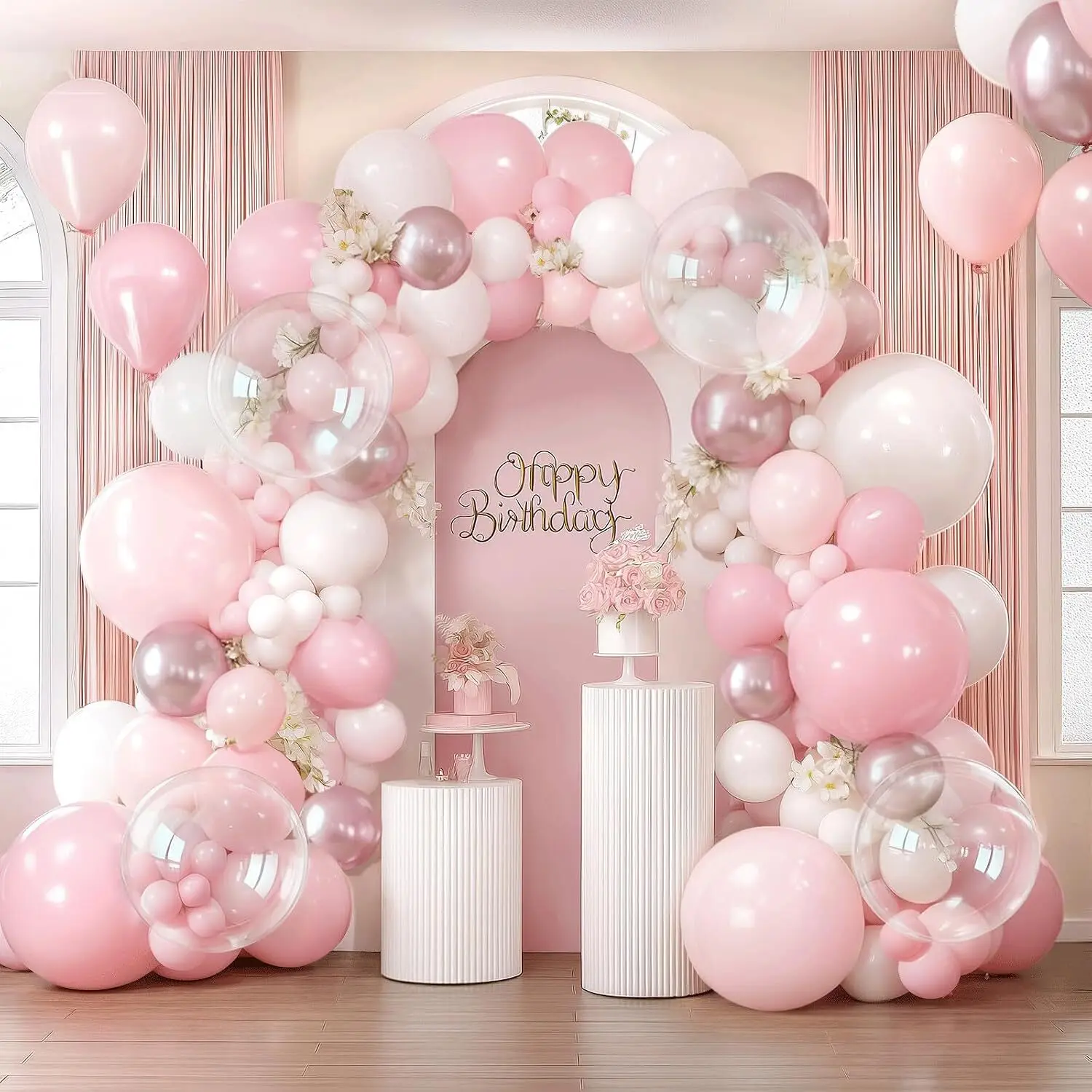 126-teiliges Set aus weißen und rosa Latexballons, geeignet für Hochzeiten, Geburtstage, Themenpartys, Hochzeitsfeiern und Abschlussfeiern.