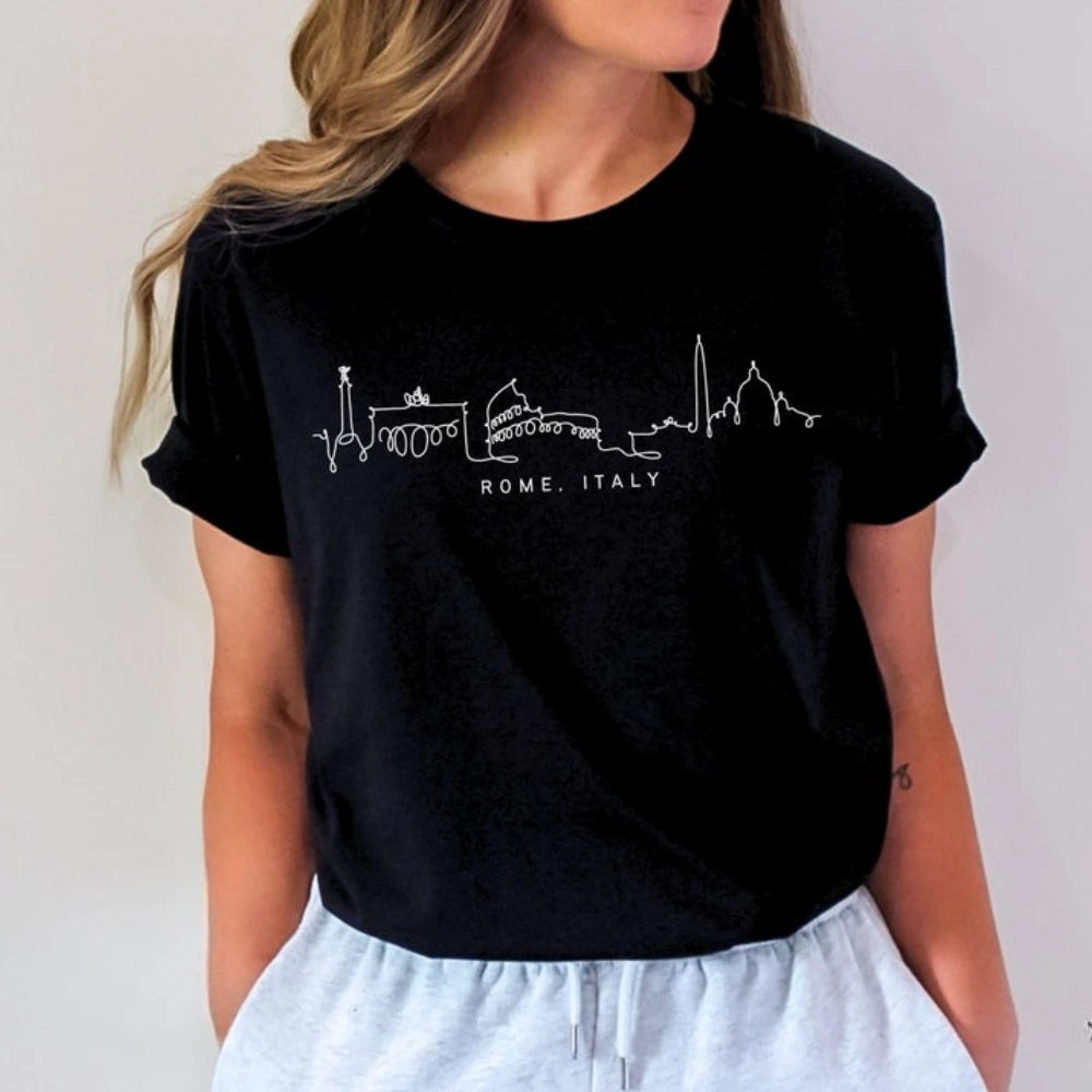 Rome Italy Shirt Roma Skyline Colosseum T-shirt Simple Design Minimalist Lover Italian Tourism Tee Men Women Summer Cotton Tops - view 2