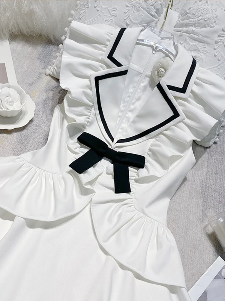 French Ruffled Contrast Color Bow Stripes Dress 2024 Summer Dresses New Fashion Waist-Controlled White Elegant Fairy Mini Dress