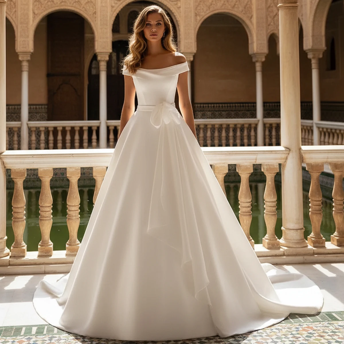 

Elegant Satin Off Shoulder Wedding Dress For Women Bow A Liine Bridal Party Gown For Bride Long Puffy Ball Gown Vestidos Novia