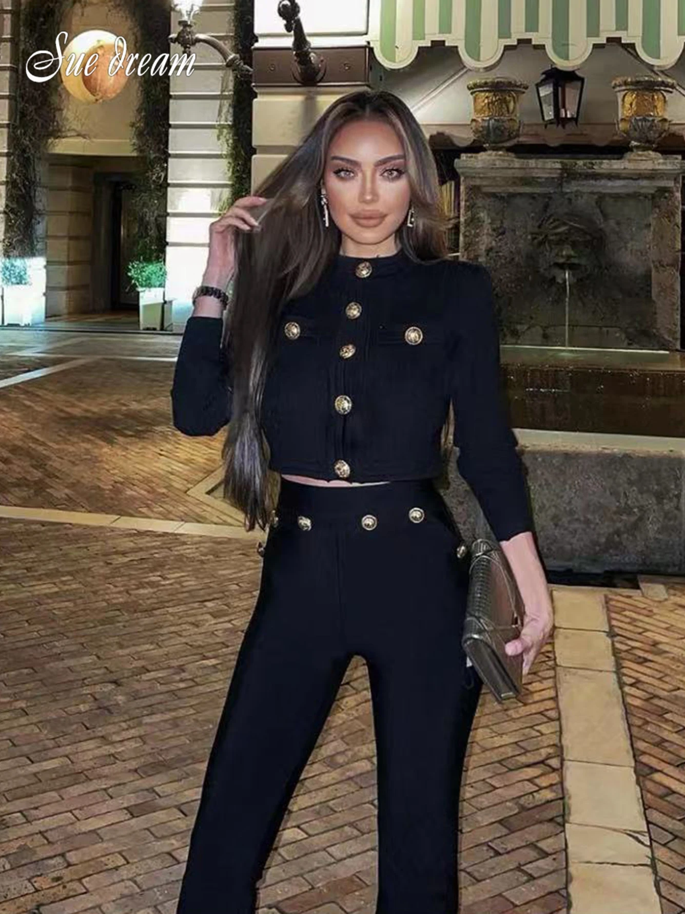 Fashion Party Bandage Set Outfits Sexy O-Neck Button Long Sleeve Cropped Top and Bodycon Pants 2 Piece Set Evening Club Set