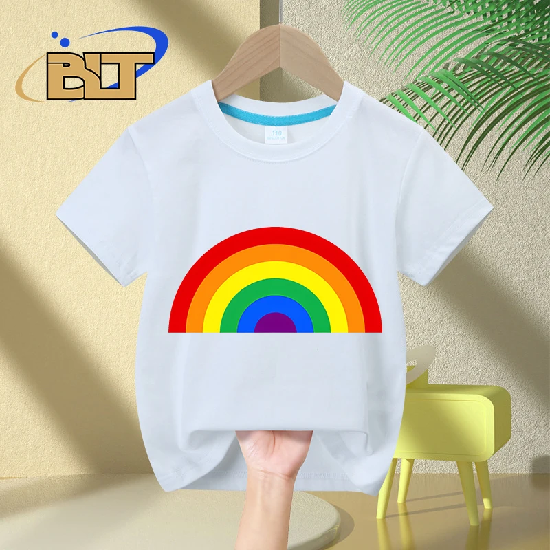 Das Regenbogen bedruckte Kinder T-Shirt Sommer Kinder reine Baumwolle kurz ärmel ige lässige Tops Jungen und Mädchen Geschenke