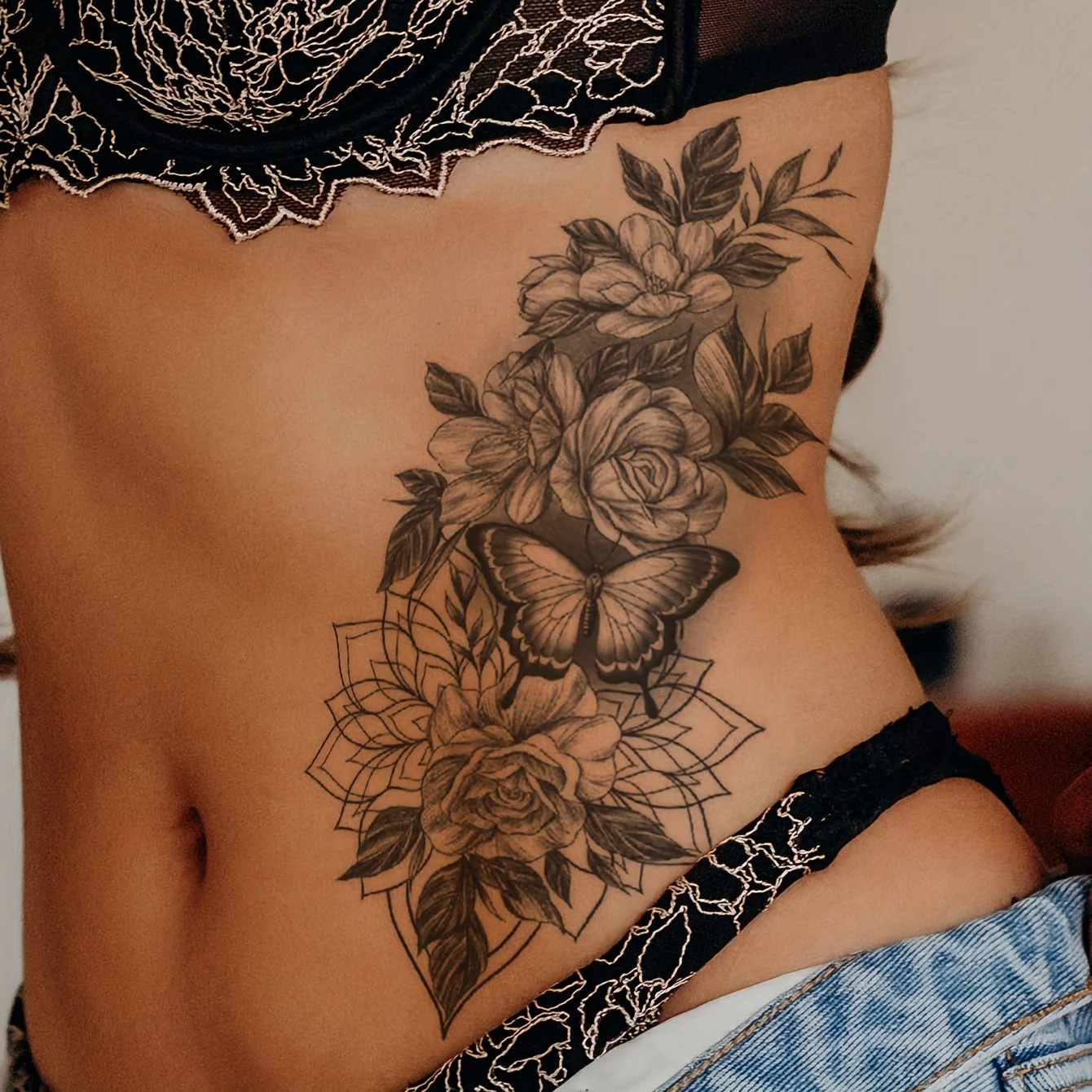 

6pcs Waterproof Black Floral Temporary Tattoos for Arms, Chest, Back & Tummy - Realistic Rose & Leaf Designs, Body Art Stickers