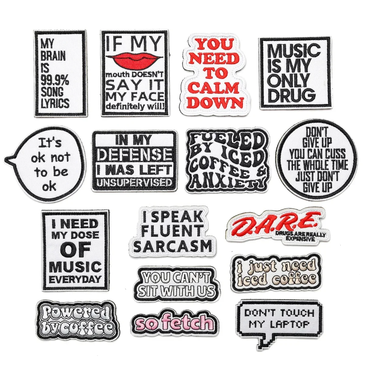 Personalized Sayings White Embroidered Patches Hook Back with Matching Loop Side Music Lover Badge Coffee Addict Scratch Sticker