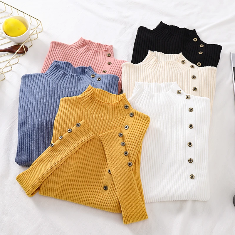 

Простой однотонный женский вязаный свитер с полувысоким воротником и длинными рукавами, осенне-зимний новый облегающий универсальный пуловер, топы