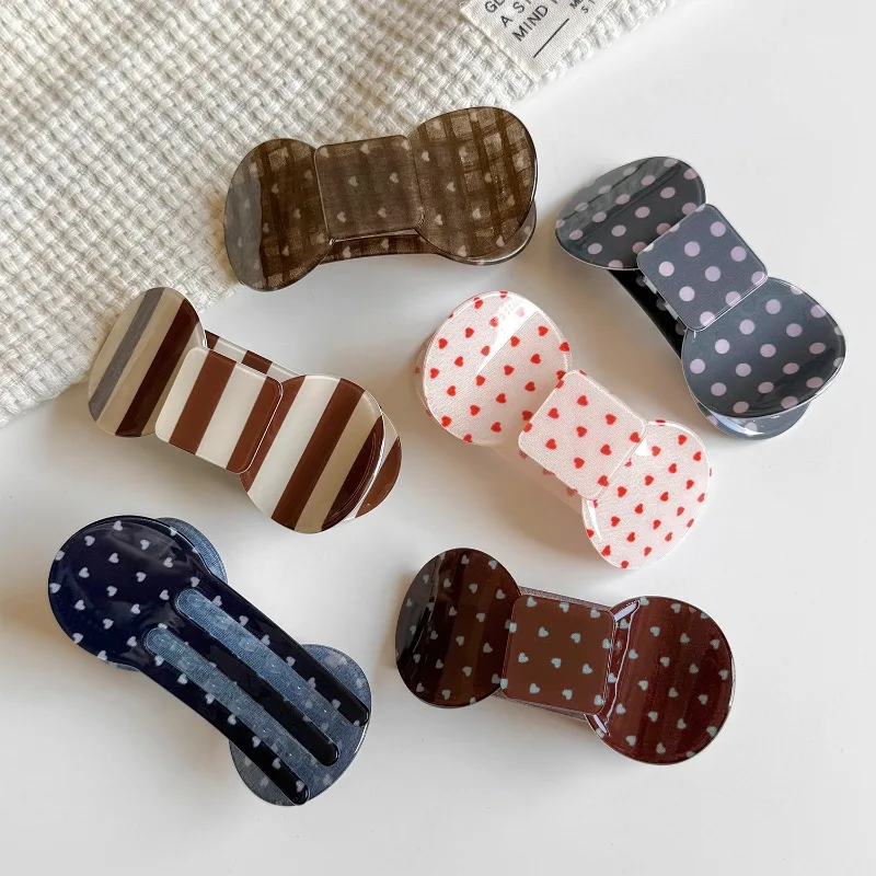 Cute Heart Polka Dot Stripe Hair Claw Clip, Retro Acrylic Non-slip Hair Catch for Women Daily Office Dating Hairstyle Decor Gift