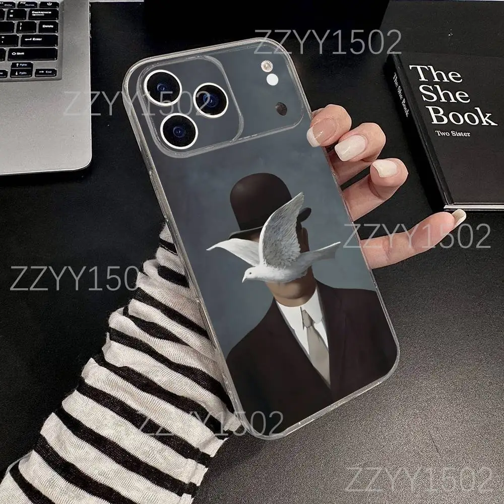 R-rené magritte arte para iphone 17,16,15,14,13,12,11 pro, max, plus, x,xs, xr, se4, e mini transparente macio moda impressão caso de telefone