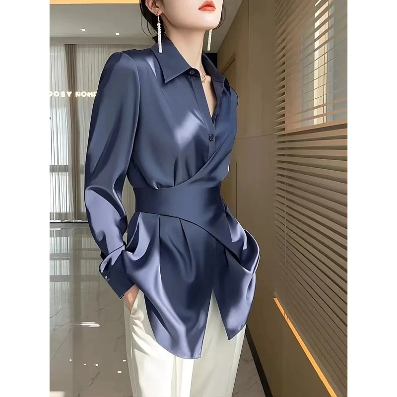 

French Temperament and Frigidity Are Unique and Unique Small Tops, Blue Satin Waist-hugging Shirts for Women