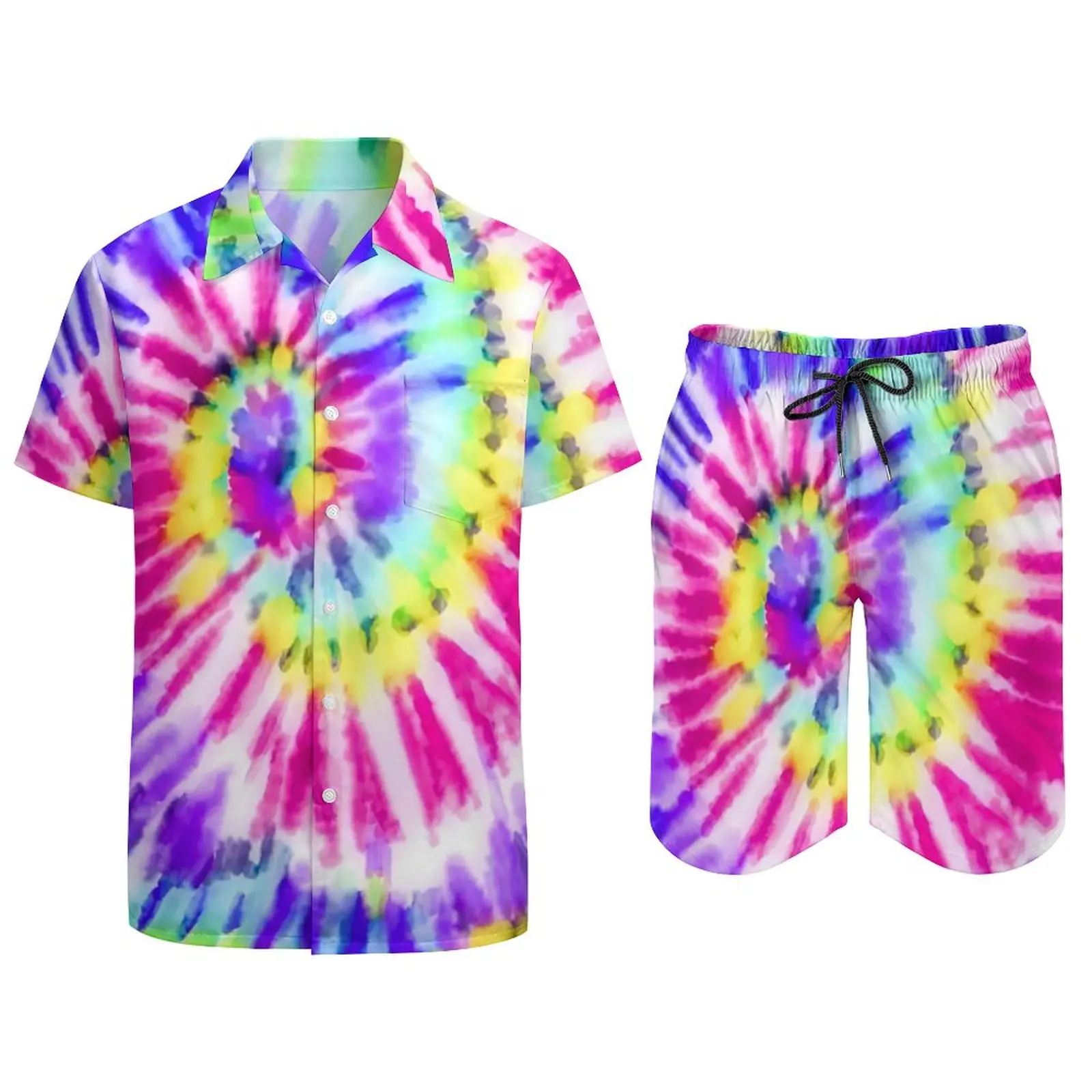 Watercolor Ombre Men Sets Neon Rainbow Tie Dye Casual Shorts Summer Aesthetic Vacation Shirt Set Short Sleeve Oversized Suit