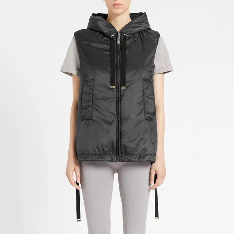 Giacca gilet con cappuccio cammello da donna, giacca senza maniche allentata alla moda, piumino di alta qualità, inverno, nuovo, 2024, y2k