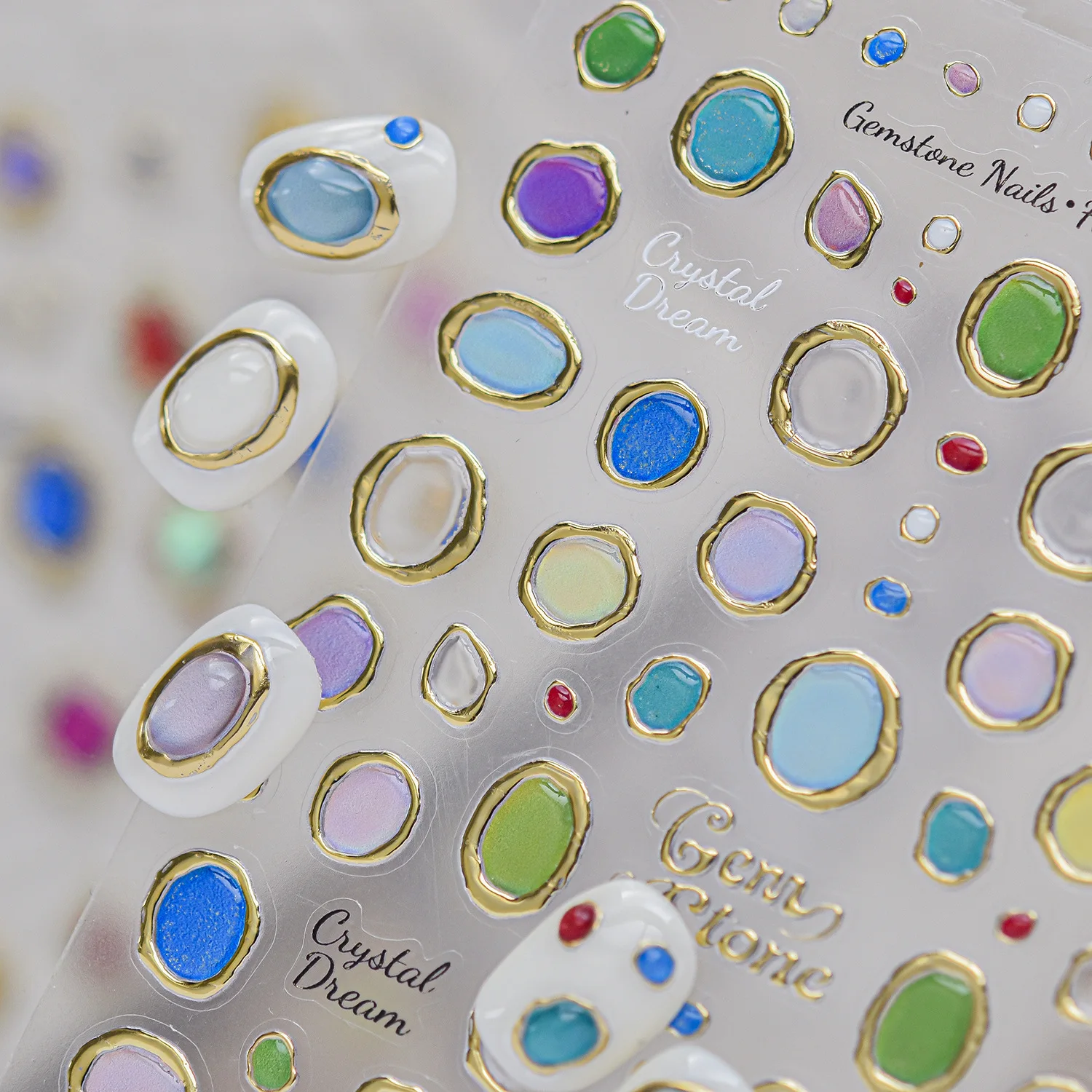 Sweet Macaron 5D Nail Stickers Crystal Dream Gem Stone Gold Rim Faux Gem Oval Irregular Shape Self‑Adhesive Nail Decal Manicure