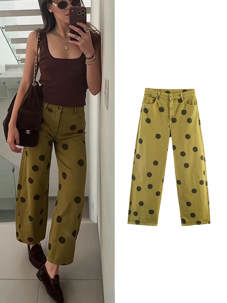 TFMLN New Women Barrel Jeans Dot Print Loose Denim Pants Summer Fashion Casual Zipper Trousers Vintage Wide-Leg Pants Lady