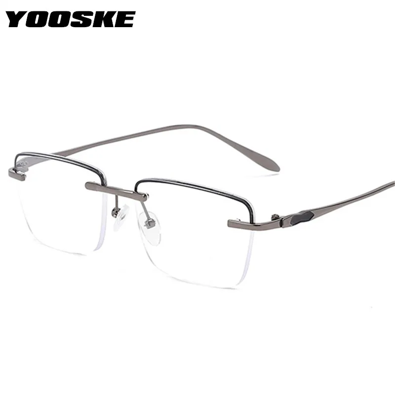 YOOSKE Fashion Rimless Reading Glasses Men Metal Business Presbyopia Eyeglasses Anti Blue Light Blocking Hyperopia Diopter +2.0