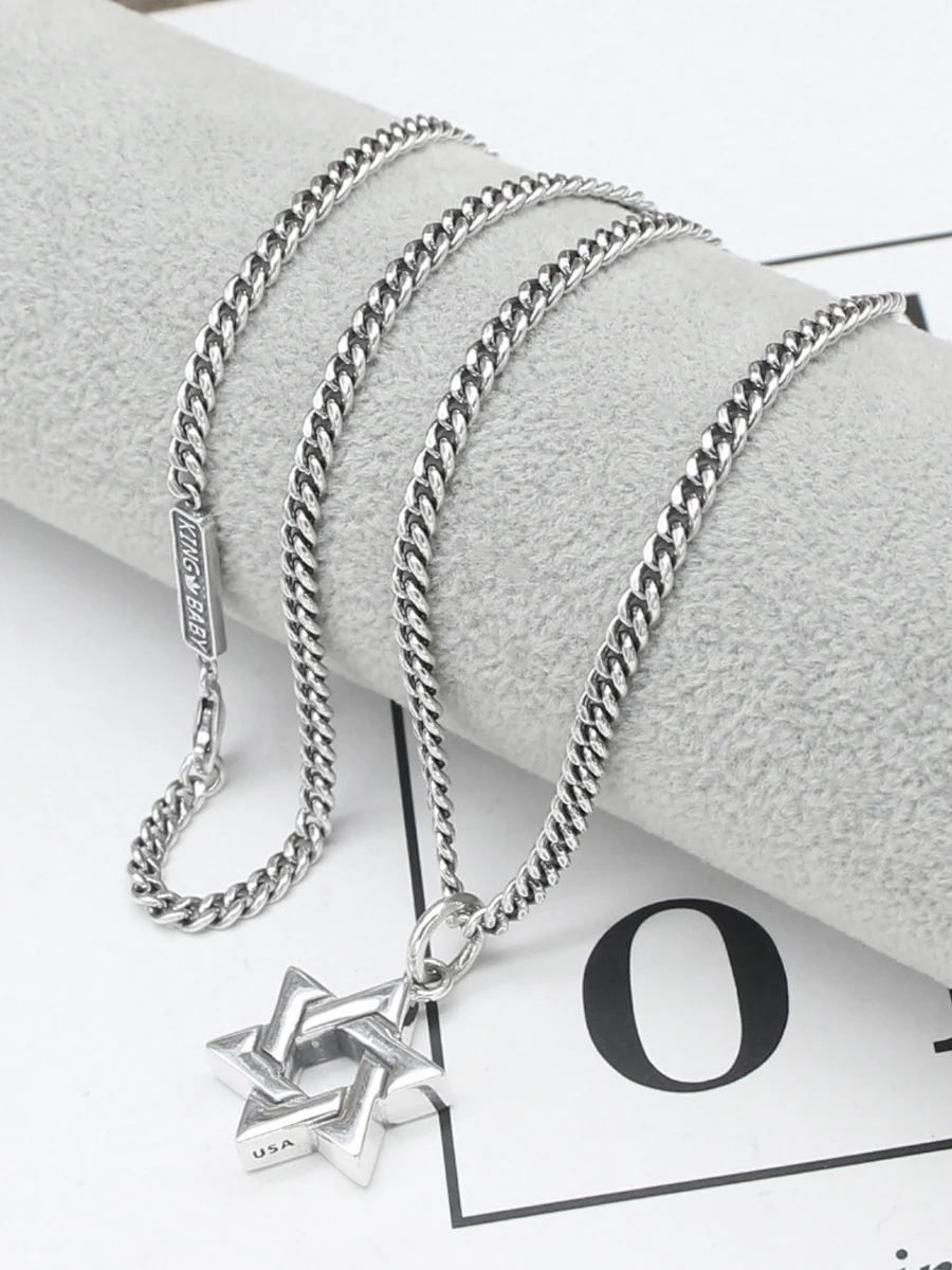 Trendy punk s925 sterling silver glossy six-pointed star pendant necklace men and women simple personality cool sweater chain