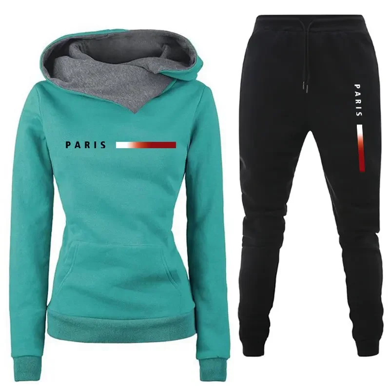 Hot women's 2-piece PARIS print sports suit sportswear jogging suit women's hooded sportswear suit clothes hoodie+sweatpants