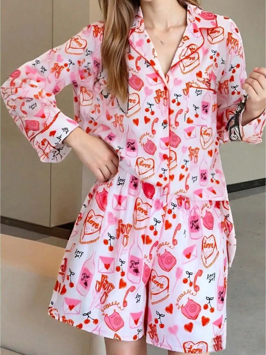 Womens Spring Summer Valentine Pajamas Set Long Sleeve Button Down Shirt And Shorts Heart Envelope Print Sleepwear