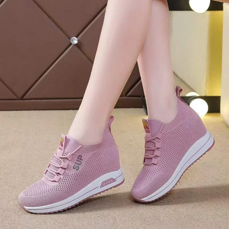 Women\'s Shoes Summer Hidden Heel Wedges White Pink Sneakers Female Platform Breathable Mesh Black High Heel Casual Shoes 2023